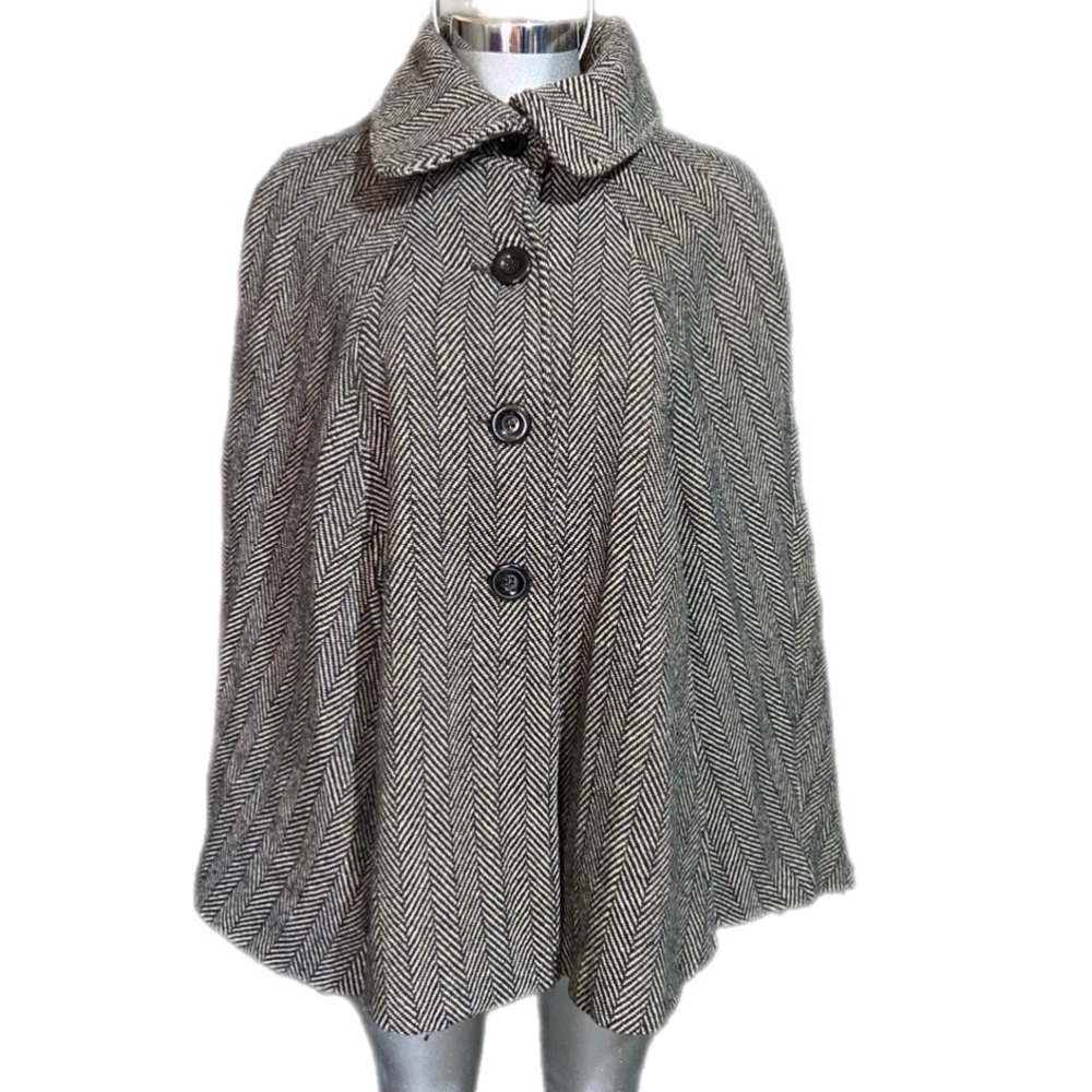Cejon Wool Poncho Cape Coat Cloak Button One Size Down Herringbone Bohemian